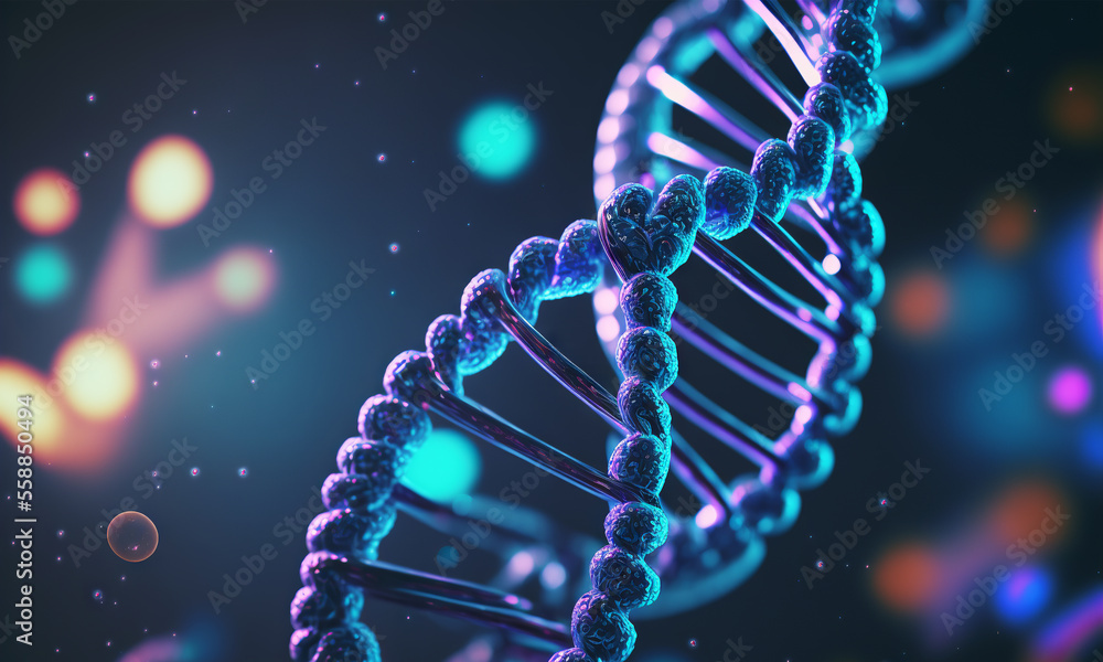 Concept of the evolution of human DNA in the distant future. View under the microscope. Blue helix b