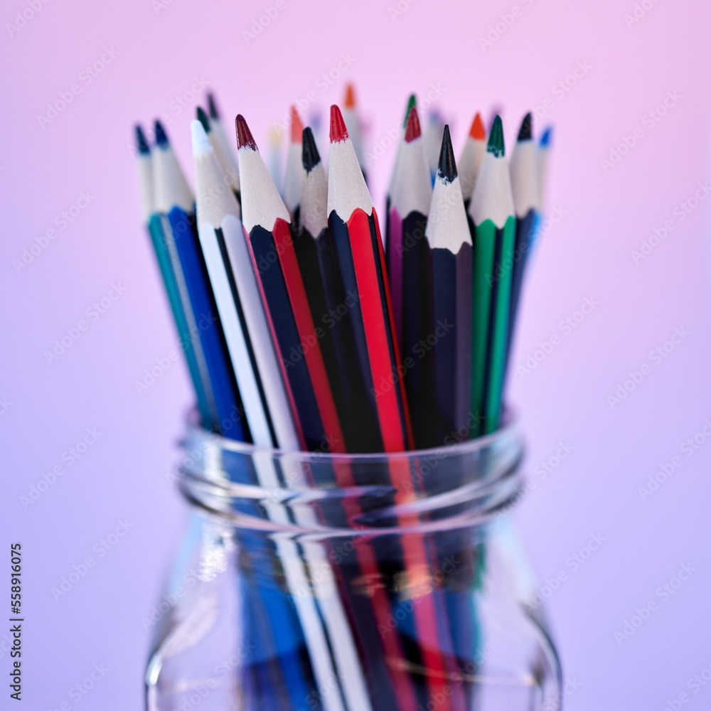 Creativity, art and drawing pencil container for school coloring stationery zoom. Closeup of a glass