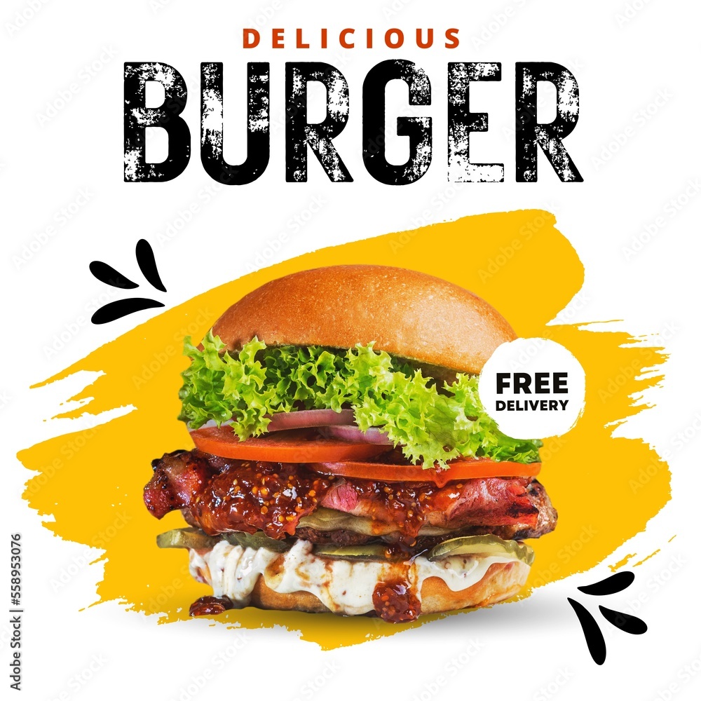 Burger delivery instagram promotional sale design advertisement and social media post.