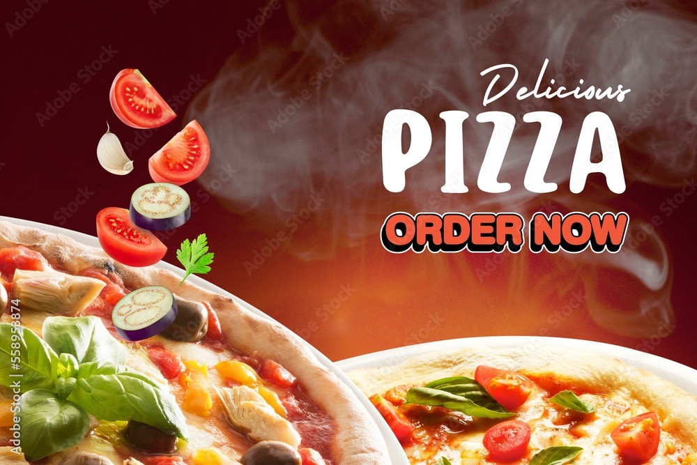 Delicious pizza order now offer concept. Top view pizza, woody background. promotional sale design a