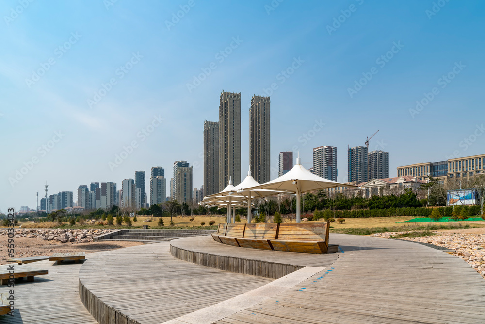 Background of beach landscape and urban buildings