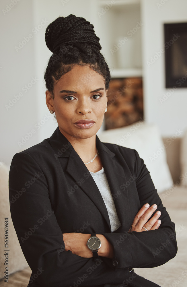 Portrait, black woman and leader arms crossed, manager and serious look in office. African American 