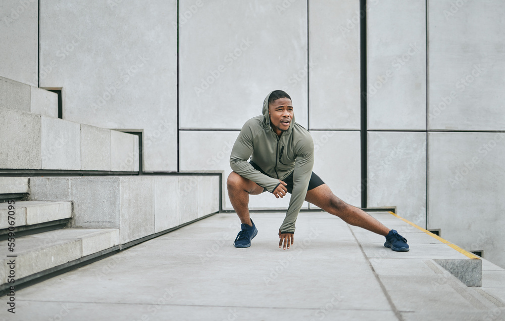 Stretching, black man in the city for fitness, body training and morning motivation in New Zealand. 