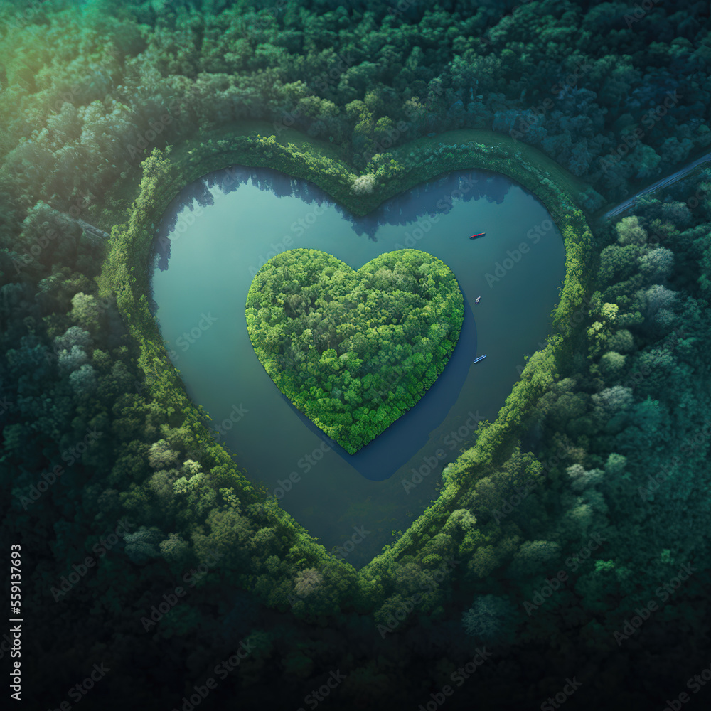 Heart shape island in the forest from aerial view in concept of environment caring devotion, water s