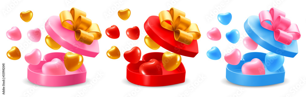 3d Realistic Convex Hearts Coming Out From Heart Shaped Gift Box. Pink, Red And Blue Boxes In The Se