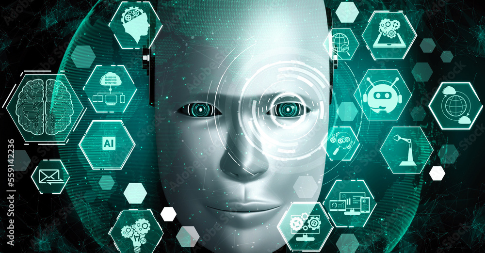 Robot hominoid face close up with graphic concept of AI thinking brain , artificial intelligence and