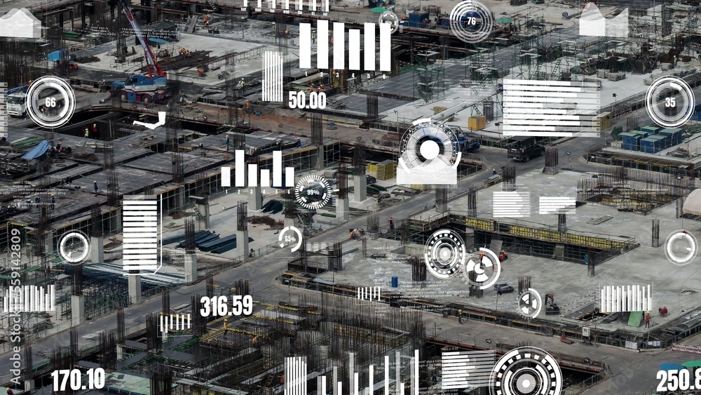 Construction technology concept with alteration graphic over construction site showing concept of au