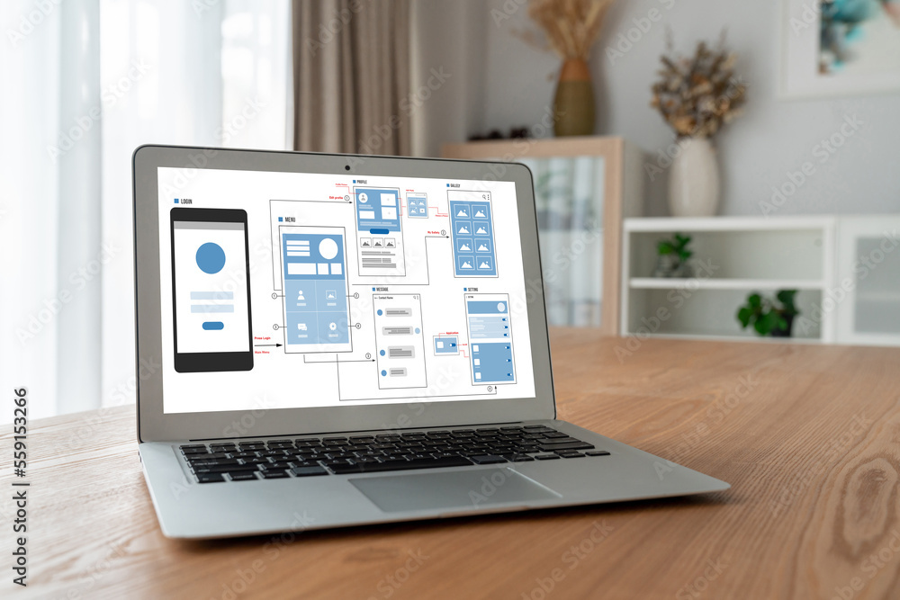 UX UI design process for modish mobile application and website . Creative prototype of wireframe for