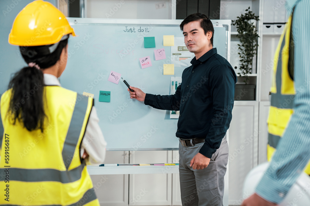 A team of investor and competent engineers brainstorming on the whiteboard to find new ideas and mak