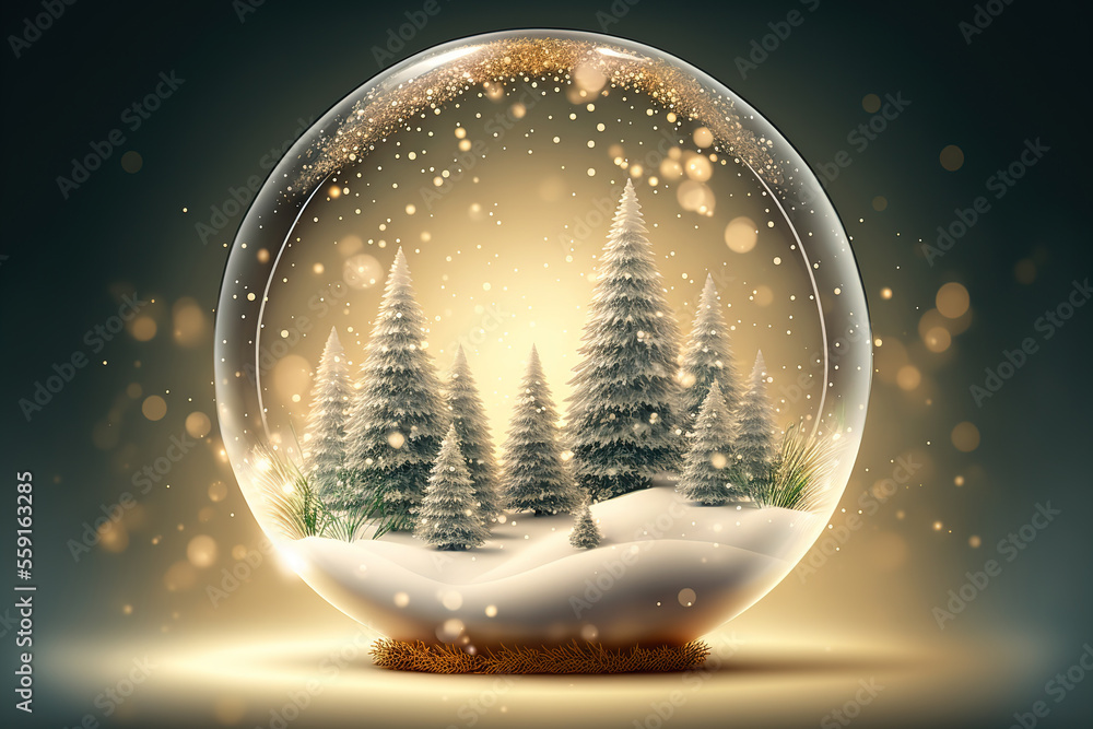 Christmas ornaments glass ball in snow between green fir trees. Night golden shine lights bokeh. Win