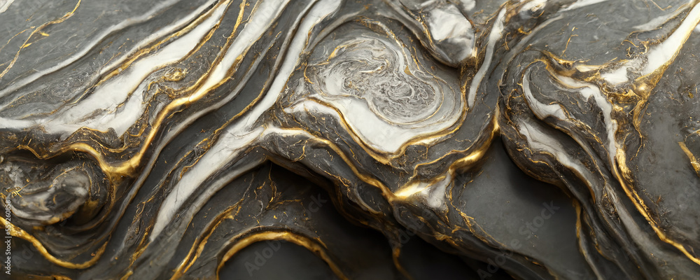 Splendid modern marbling painting abstract design of black and gold wavy veins pattern texture marbl