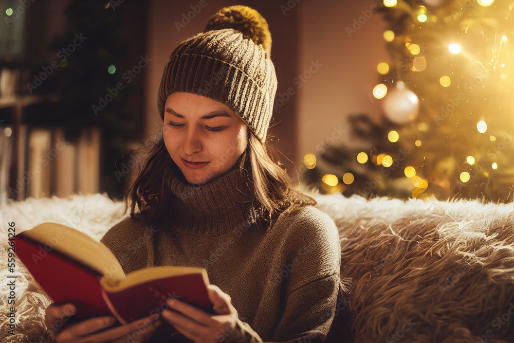 Woman reading book at home on a cozy couch spectacular focus and relaxation. generative AI.