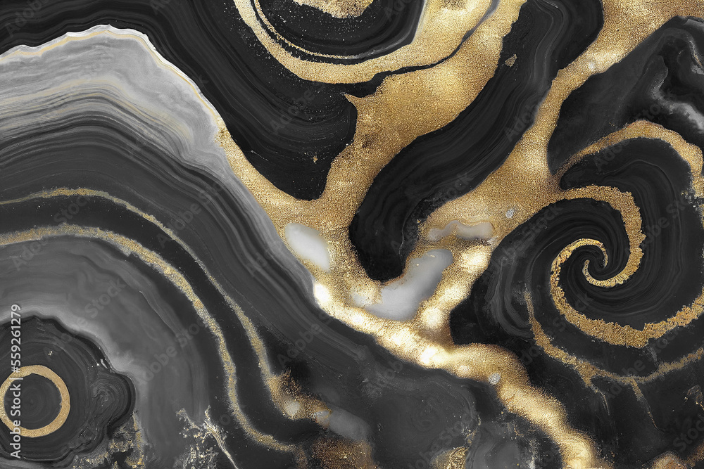 Abstract art background with a fluid marble black and gold texture. Splendid generative AI luxury ab