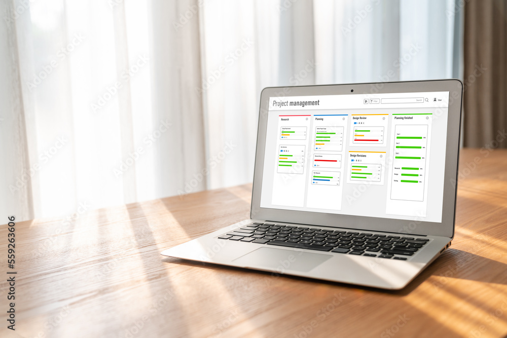 Project planning software for modish business project management on the computer screen showing time