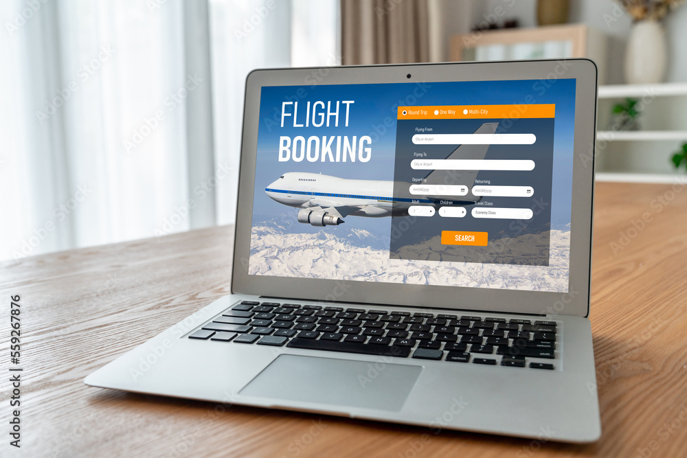 Online flight booking website provide modish reservation system . Travel technology concept .