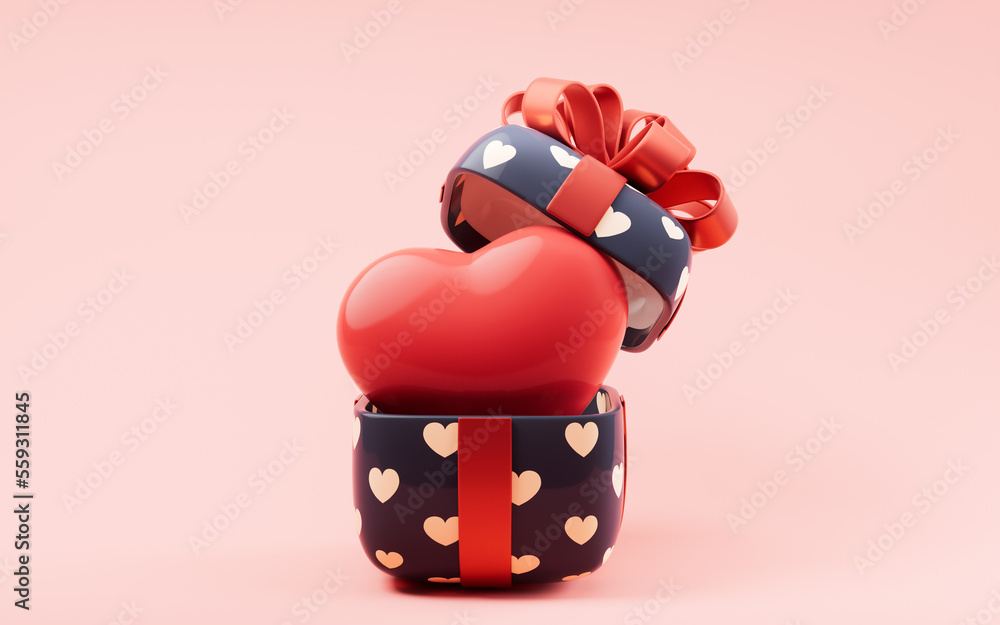 Gift box and love heart, festival celebration, 3d rendering.