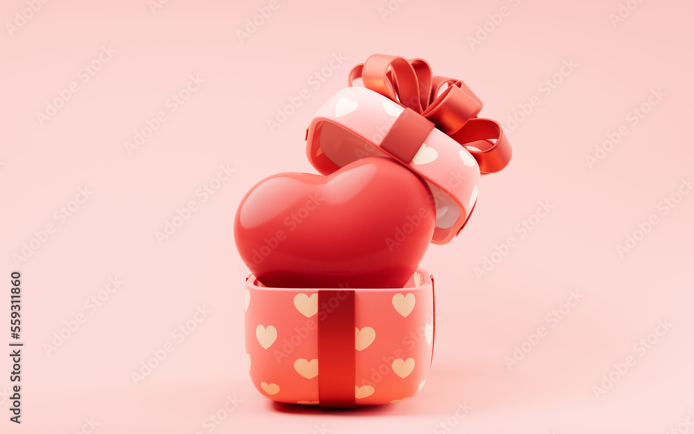 Gift box and love heart, festival celebration, 3d rendering.