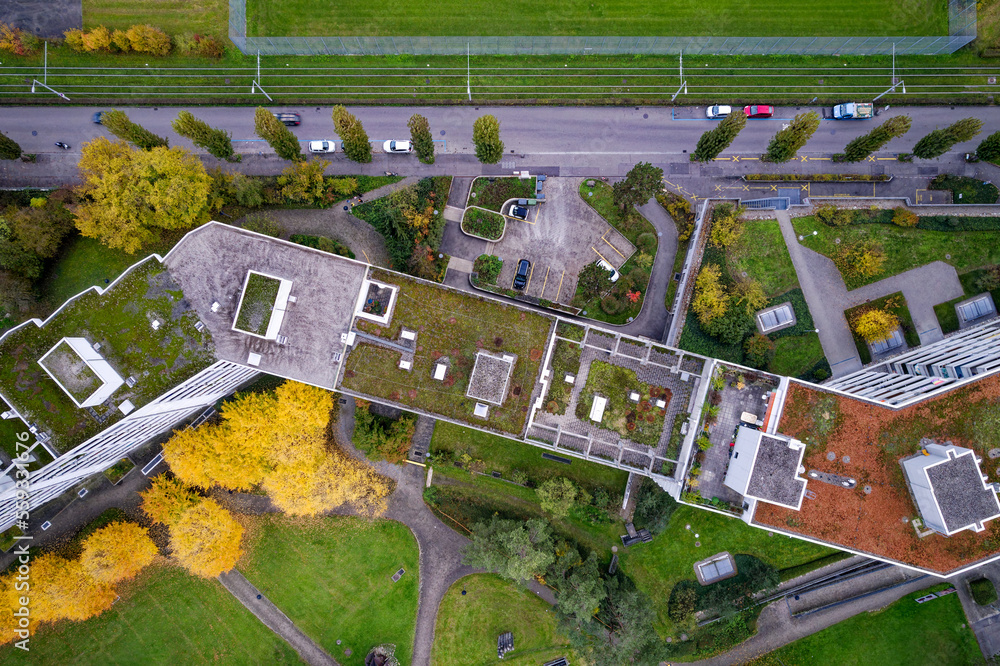 Aerial view of flat rooftop of residential skyscrapers with plants at City of Zürich on a late autum