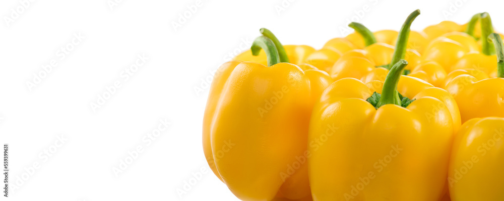 Yellow bell peppers isolated on white background, vegan, vegetable border. Fresh sweet organic bell 