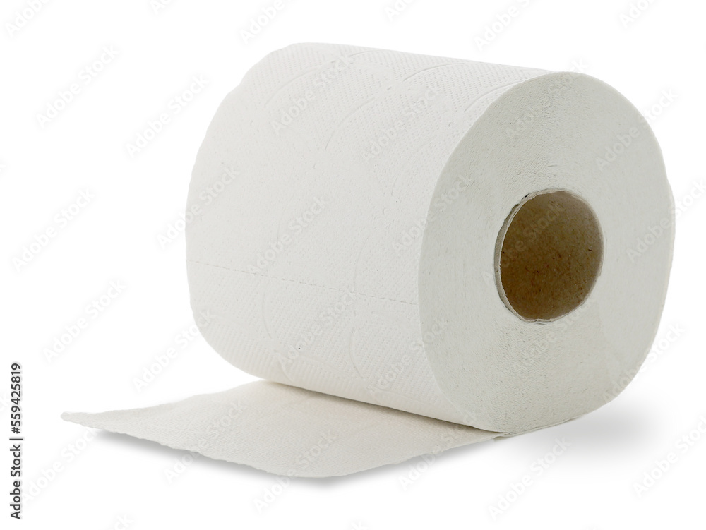 Close up Single roll of 100% recycled toilet paper, isolated o white background, copy space.