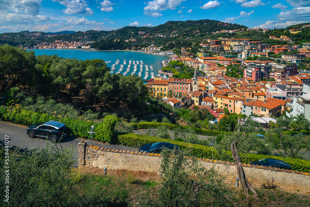 Lerici view with harbor and colorful buildings from the hill