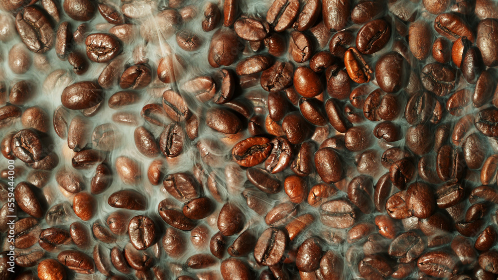 Coffee beans beying roasted, closeup.