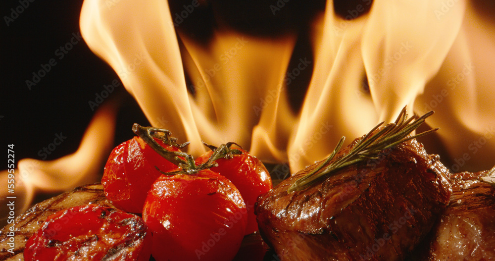 Epic shot of grilled meat fillet with vegetables in fire on grill. Meat being cooked in oven, set in