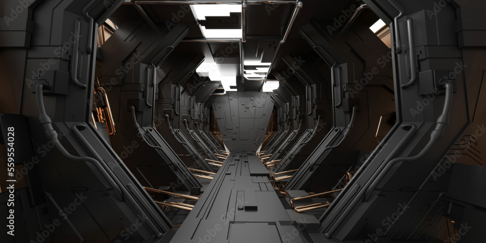 Futuristic sci-fi corridor room. Modern Future background style, interior concept. 3d rendering