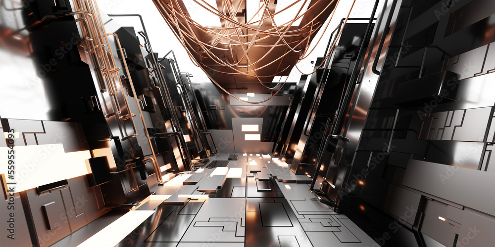 Futuristic sci-fi corridor room. Modern Future background style, interior concept. 3d rendering