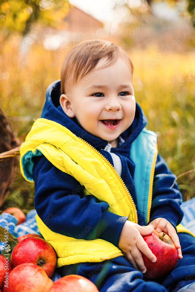 Pretty young child with fresh apple. Little cute child in apple garden.