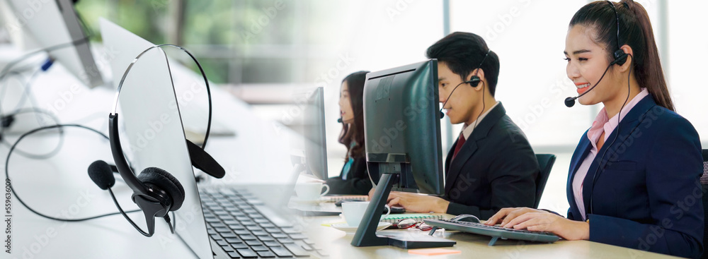 Business people wearing headset working in office in widen view to support remote customer or collea