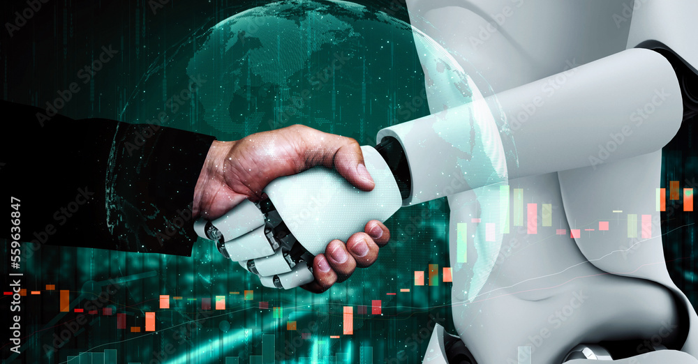 3D rendering hominoid robot handshake with stock market trading chart showing buy and sell decision 