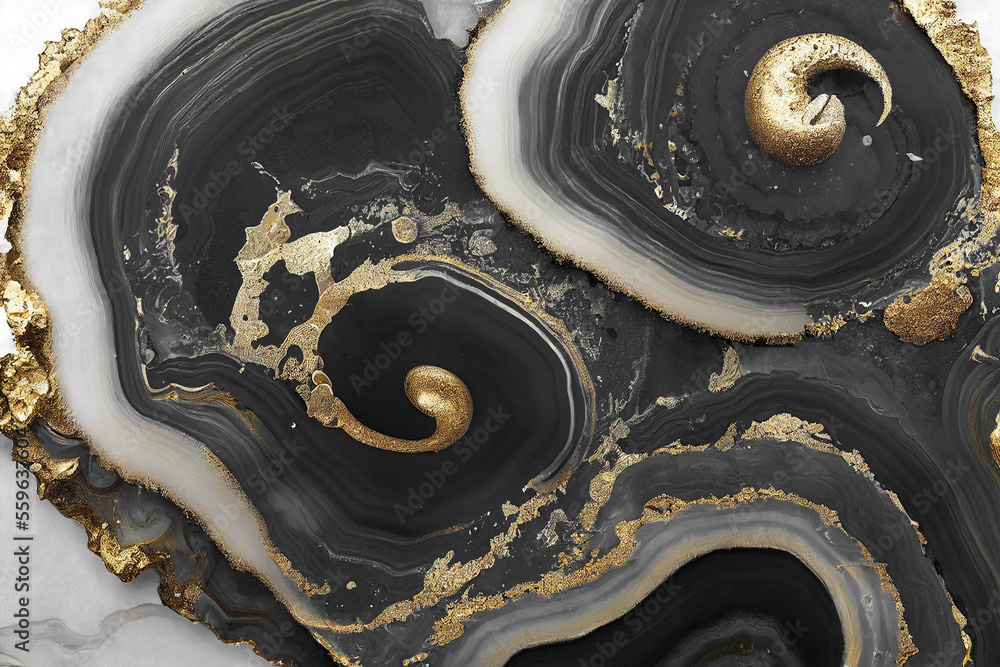 Abstract art background with a fluid marble black and gold texture. Splendid generative AI luxury ab