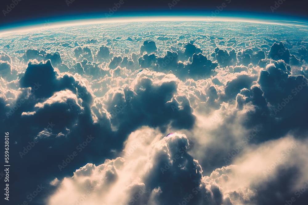 Splendid background cloudscape above the earths atmosphere in the stratosphere, with a galaxy and b