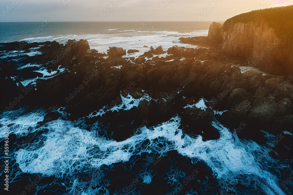 Spectacular drone photo of seascape ocean wave crashing rocky cliff with sunset. Generative AI.