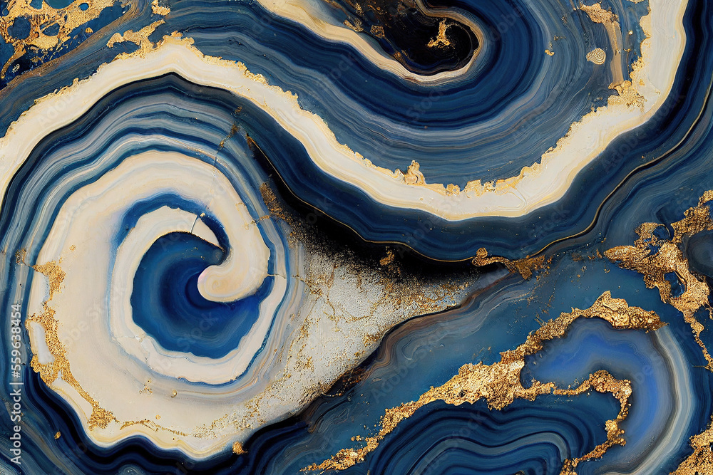 Abstract art background with a fluid marble blue and gold texture. Splendid generative AI luxury abs