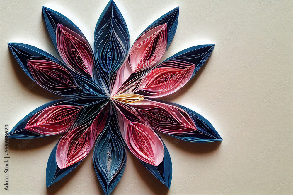 Splendid paper quilling snowflake shape flower background in digital art generative AI. Realistic ab