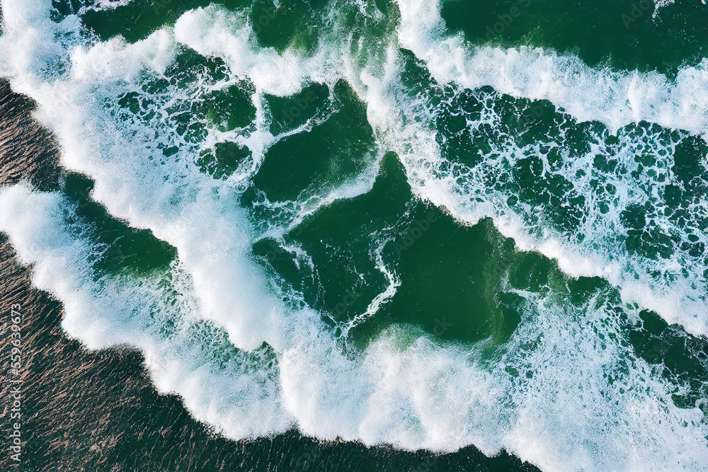 壮观的海洋海水飞溅的空中俯视背景照片。生成AI。