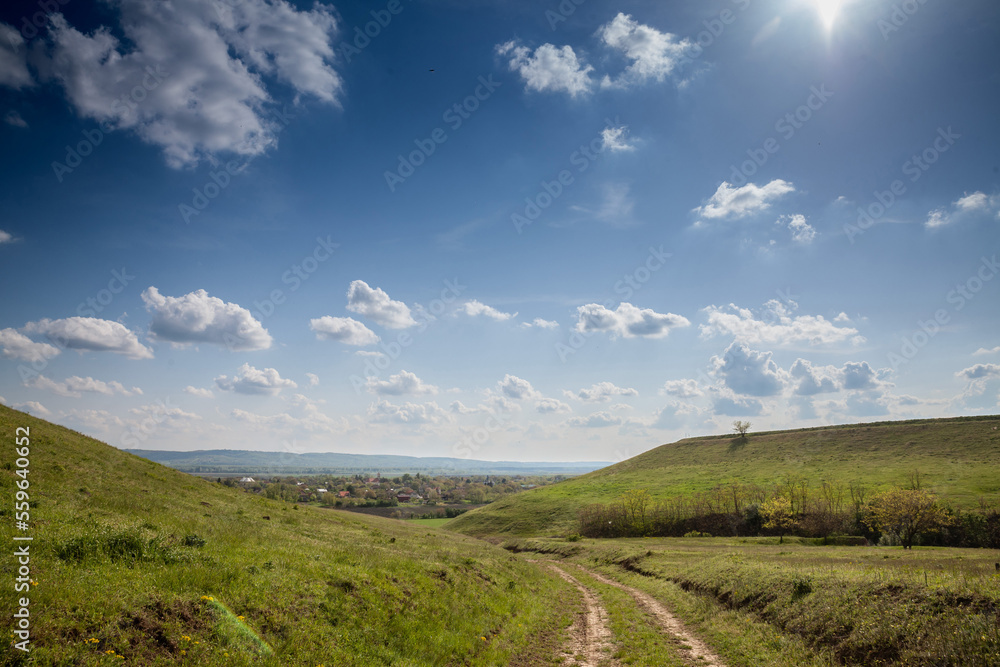 Panorama of Titelski breg, or titel hill, in Vojvodina, Serbia, with a dirtpath countryside road, in