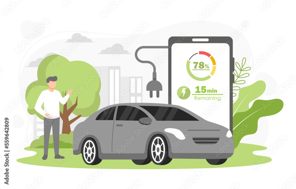 Electric car charging station with person, solar energy, electric vehicle and city background, futur