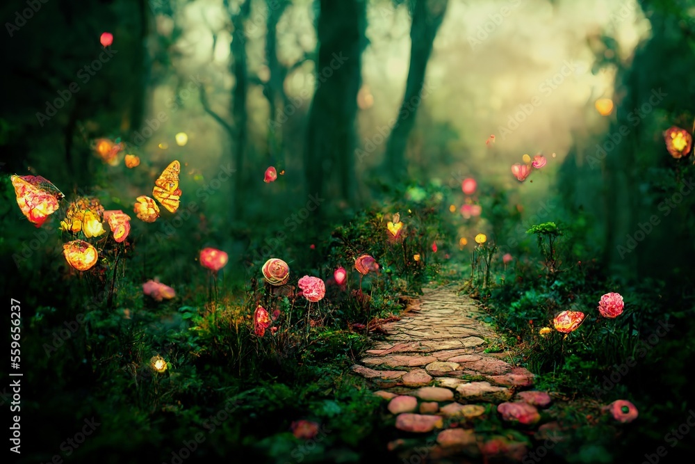 Beautiful enchanted forest landscape in spring with pathway in digital art AI generated image. AI ge