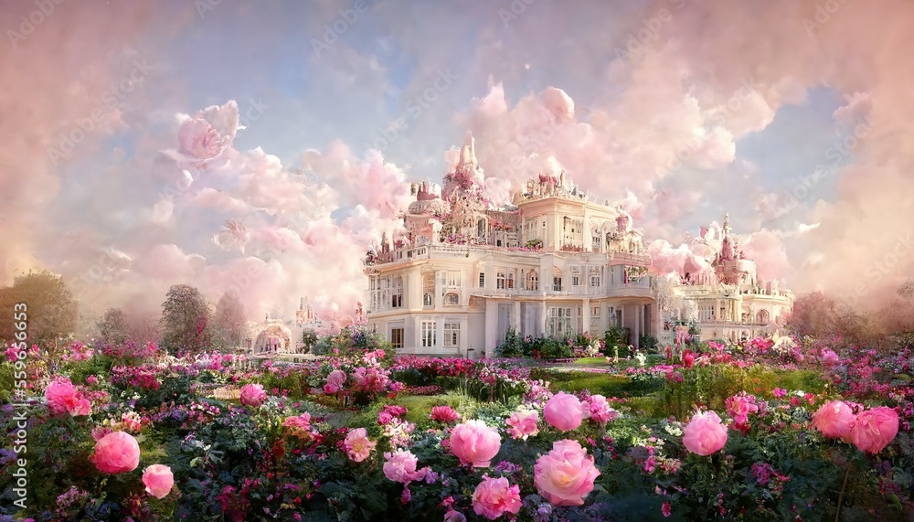 Victorian-style royal palace that looks like it was from a fairy tale. AI generated fantasy luxury a