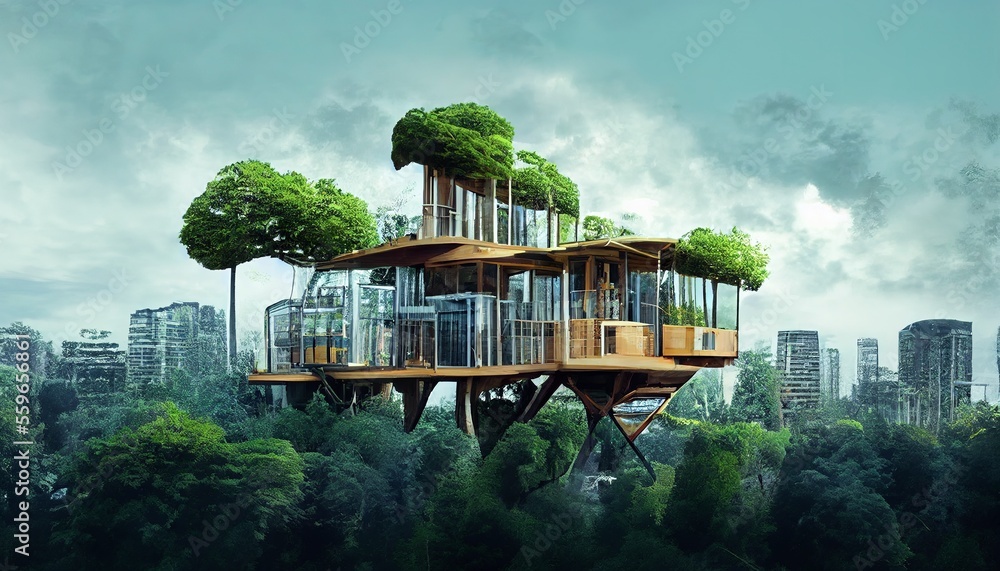 AI generated concept art of environmental friendly modern treehouse with sustainable food and energy