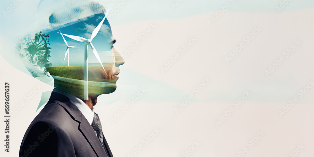 Double exposure graphic of business people working over wind turbine farm and green renewable energy