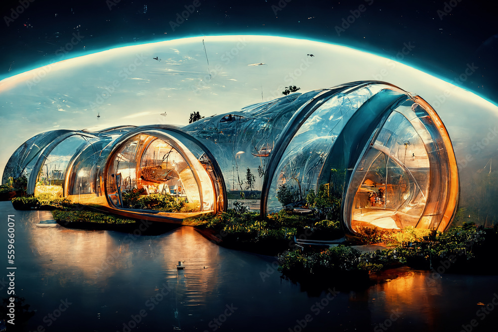 Space expansion concept of human settlement in alien world with green plant as proof of life in spac