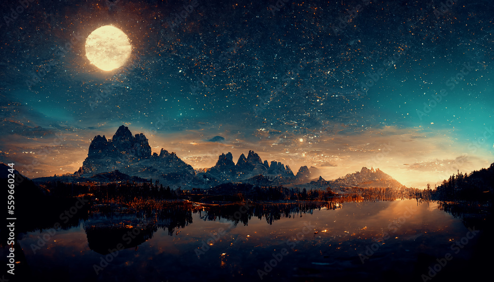 AI generated nature background of beautiful mountain and lake in starry night with shimmering light,