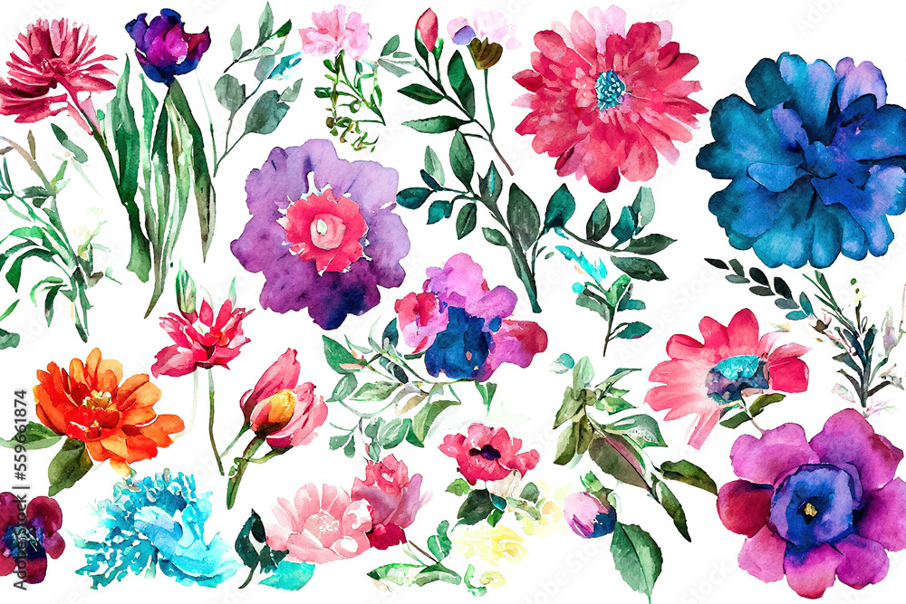 Flower bouquet set watercolor pieces of artwork design. Generative AI. 