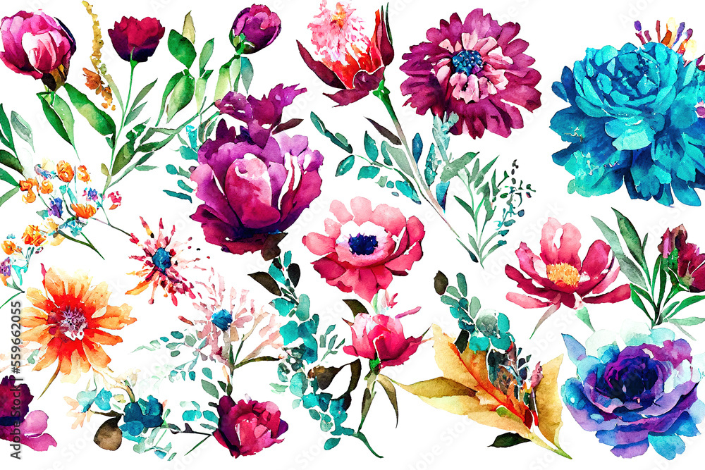 Flower bouquet set watercolor pieces of artwork design. Spring and summer flower nature in style of 