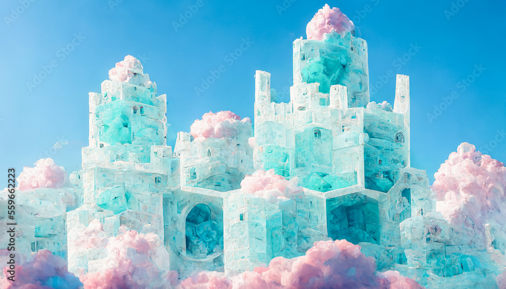 Splendid ice floating castle for fairy tale princess in the sky kingdom with beautiful cloudscape in