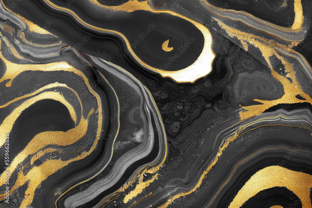 Abstract art background with a fluid marble black and gold texture. Splendid generative AI luxury ab